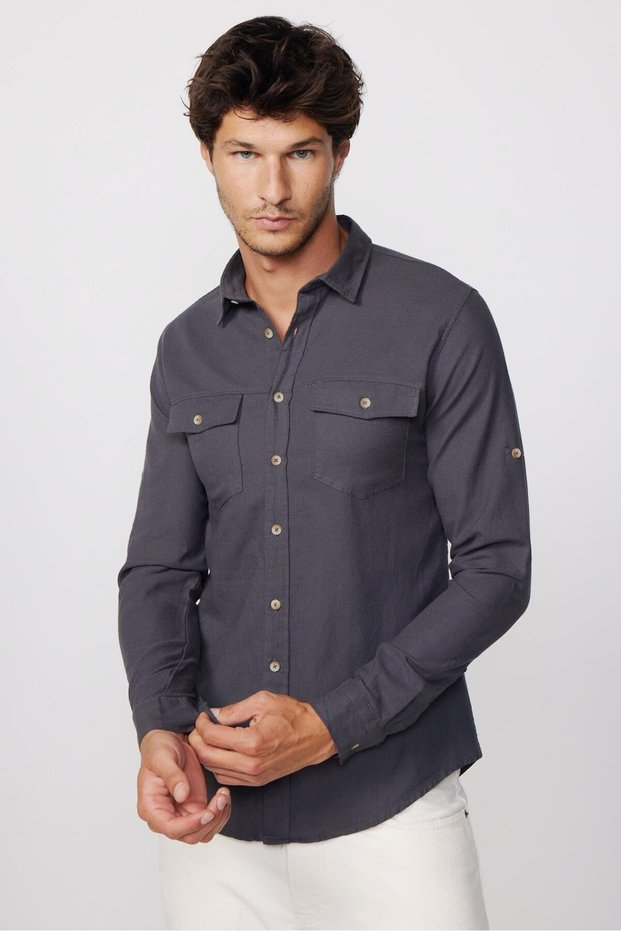 Men's Slim Fit Slim Fit Long Sleeve 100% Cotton Linen Texture Double Pocket Sports Lapel Smoked Shirt
