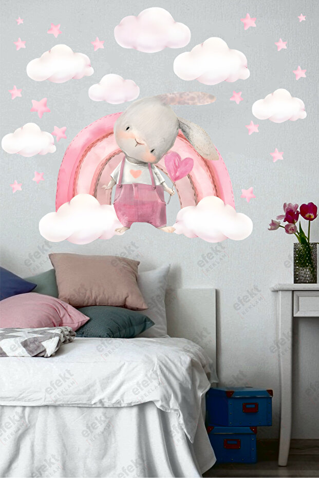 Rainbow, Rabbit Cloud and Stars Children's Room Wall Adhesive Sticker Set