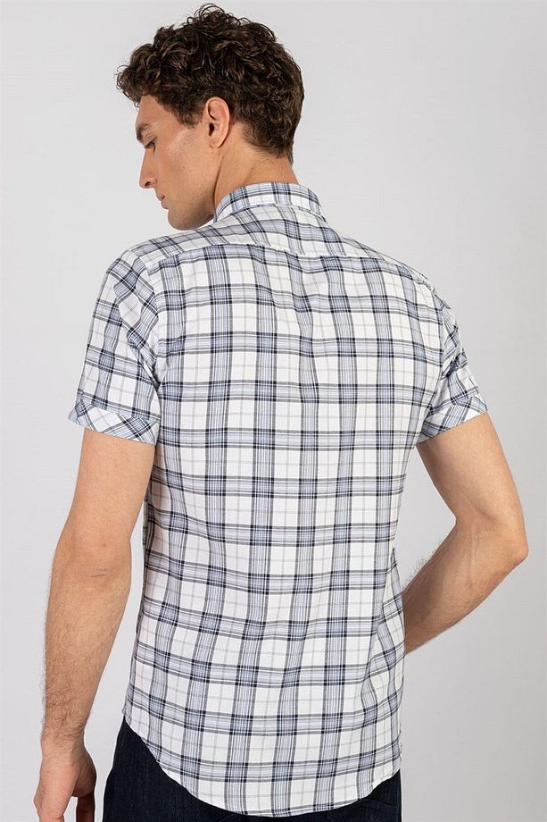 Slim Fit Kısa Kollu Ekose Çift Cep Kapaklı Erkek Gömlek - 5