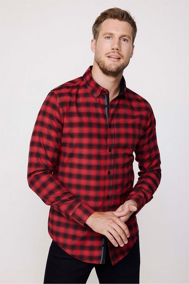 Slim Fit Uzun Kollu Düğmeli Yaka Kareli Pamuklu Kolay Ütü Erkek Gömlek - 1