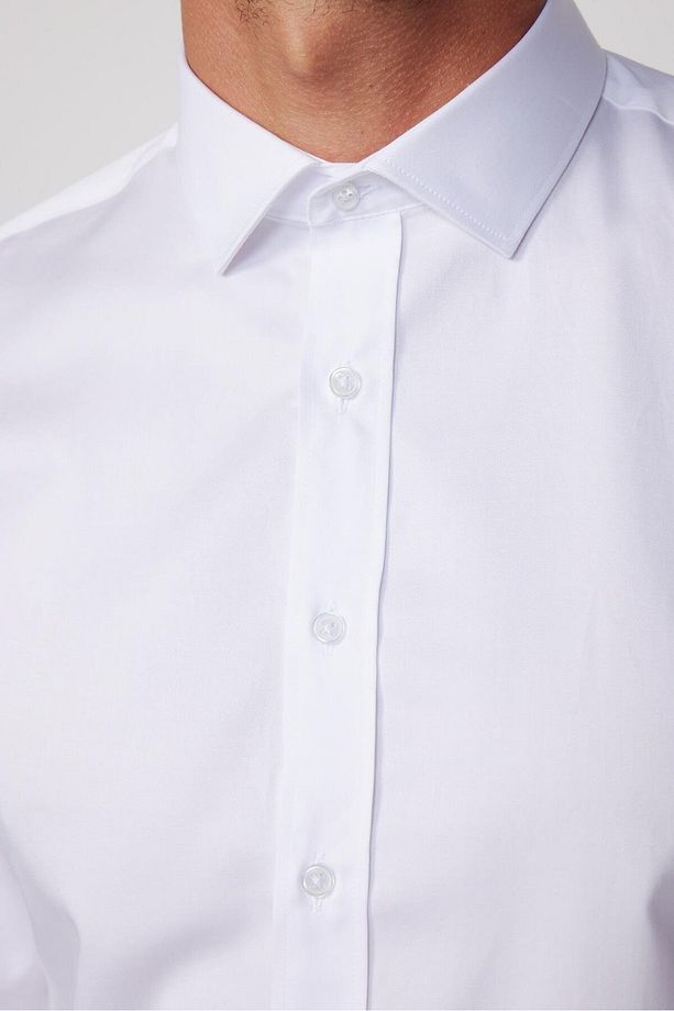 Slim Fit Uzun Kollu Pamuk Saten Erkek Beyaz Gömlek - 4