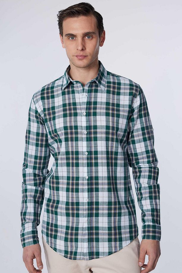 Erkek Slim Fit Dar Kesim Uzun Kollu %100 Pamuk Keten Doku Kareli Gömlek - 2