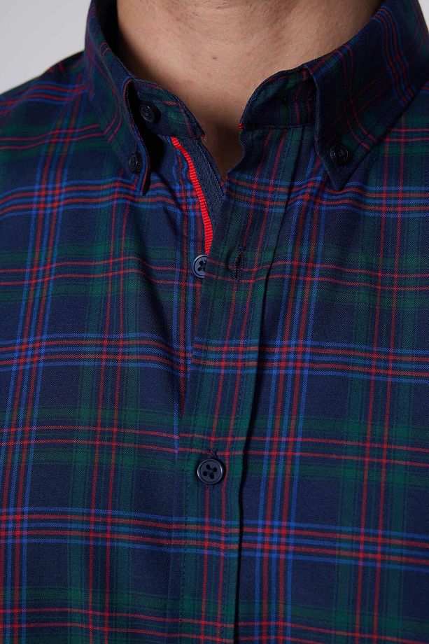 Slim Fit Uzun Kollu Düğmeli Yaka Kareli Pamuklu Kolay Ütü Erkek Gömlek - 4