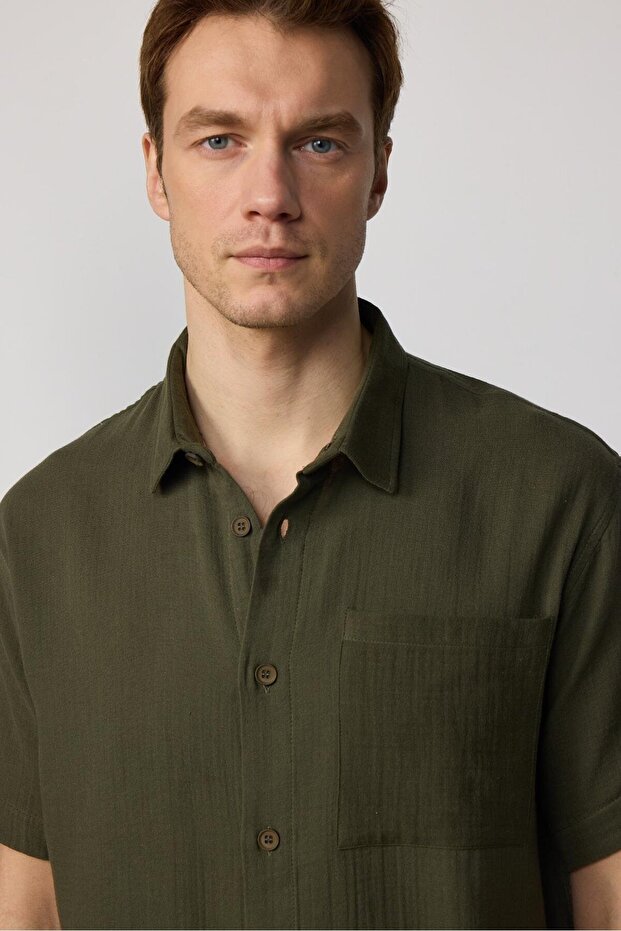 Relax Fit Short Sleeve Comfortable Cut Muslin Fabric 100% Cotton Single Pocket Summer Solid Khaki Men's Shirt