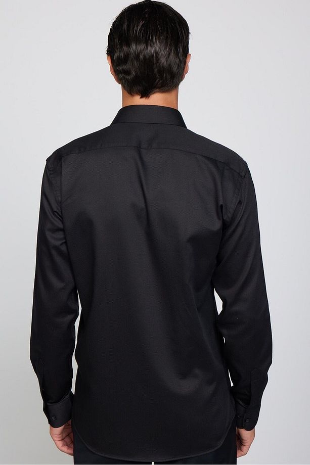 Modern Fit Uzun Kollu %100 Pamuk Armürlü Premium Siyah Erkek Gömlek - 5