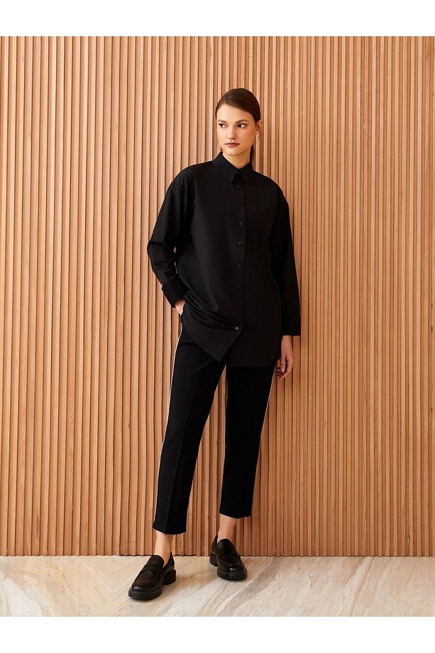 Gömlek Yaka Düz Uzun Kollu Oversize Poplin Kadın Tunik - 3