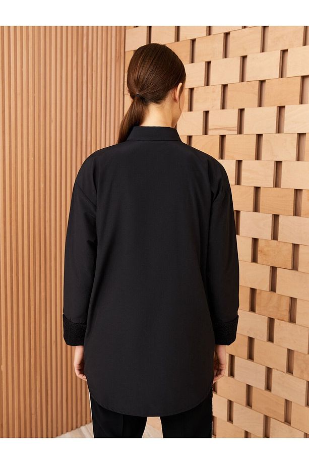 Gömlek Yaka Düz Uzun Kollu Oversize Poplin Kadın Tunik - 5
