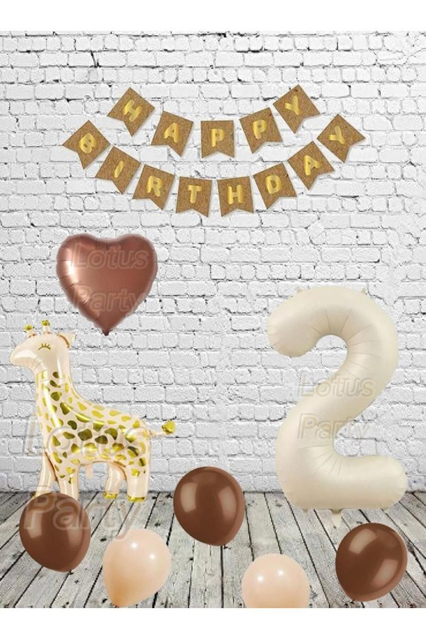2 Year Old Retro Giraffe Themed Birthday Set Brown Heart Gold Happy Text Cream Number Foil Balloon