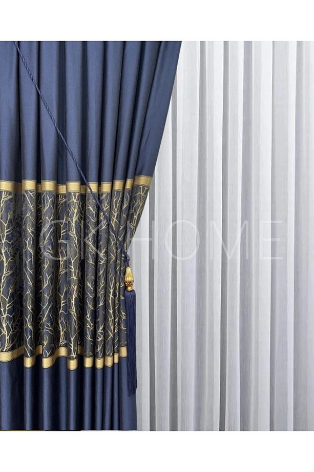Lüks Lacivert Gold Pano Fon Perde Jakarlı Sık Pile Tek Kanat 1/3 - 3