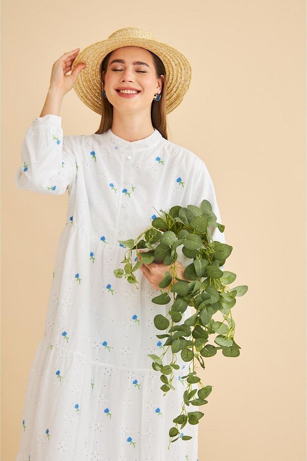 Guıpure Nakışlı Ve Düğmeli Brode Oversize Mavi Elbise - 4
