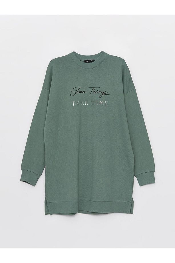 LCW Modest Bisiklet Yaka Baskılı Uzun Kollu Oversize Kadın Sweatshirt Tunik - 6