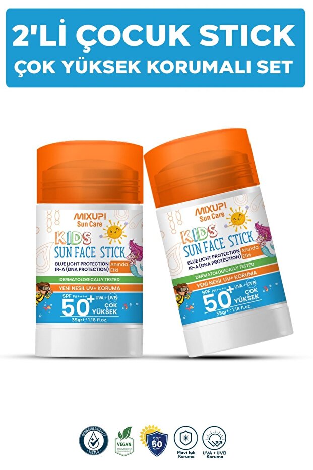 2-Pack Children's Sunscreen Stick with Mineral Filter, Blue Light Protection, Spf 50+, Vitamin E and Zinc Content
