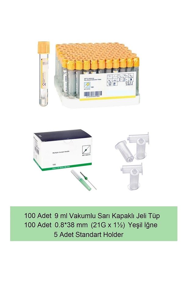100 Adet 9 Ml Vakumlu Sarı Kapaklı Jeli Tüp Ve 0.8*38 Mm (21g) Yeşil Iğne + 5 Adet Holder - 1