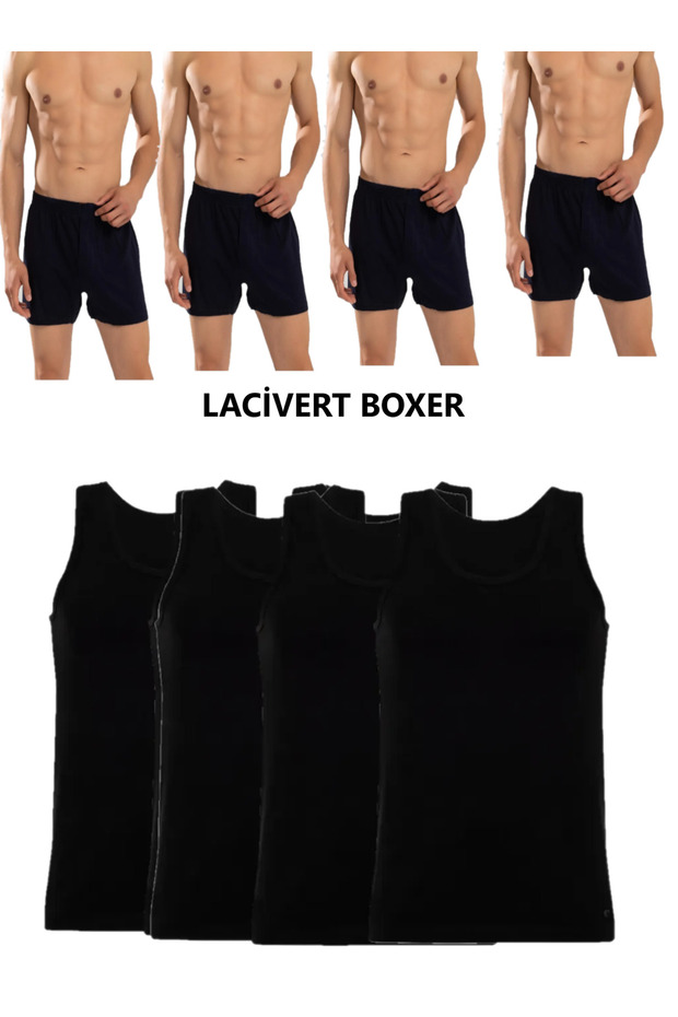 Set of 8 Men's Underwear (4 Black Undershirts + 4 Navy Blue Boxers) Combed Cotton Towel Waist