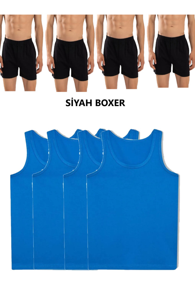 Set of 8 Men's Underwear (4 Blue Undershirts + 4 Black Boxers) Combed Cotton Towel Waist