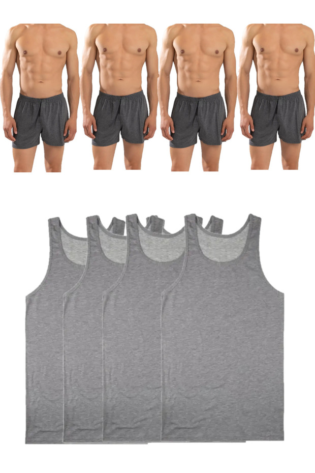 Set of 8 Men's Underwear (4 Gray Undershirts + 4 Smoked Boxers) Combed Cotton Towel Waist