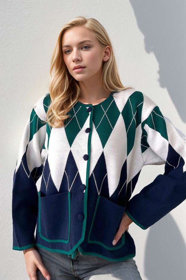 Women's Diamond Patterned Navy Blue Green Buttoned Long Sleeve Cardigan