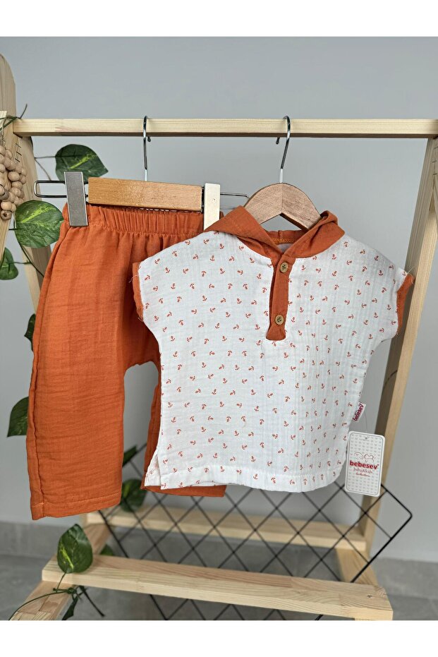 Hooded Anchor Patterned Organic Muslin Fabric Baby Set