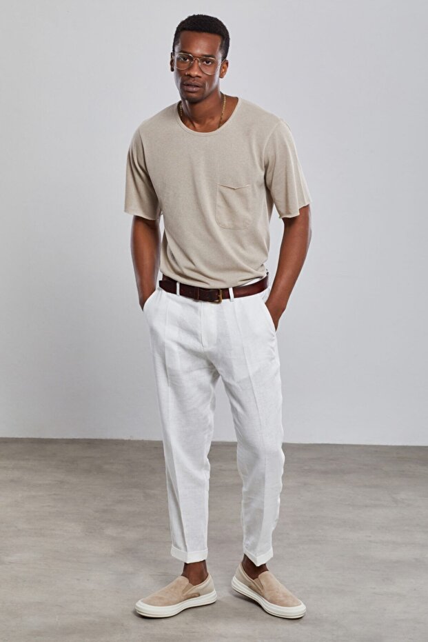 White Chino Viscose Linen Trousers
