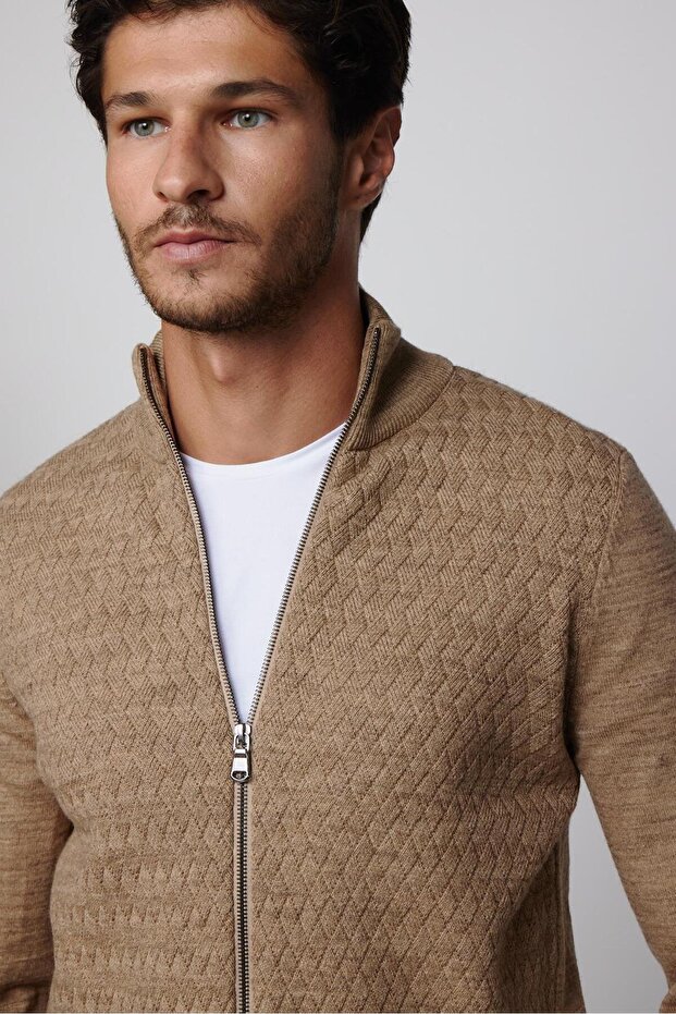 Men's Slim Fit Patterned Stand Collar Zippered Cream Cardigan