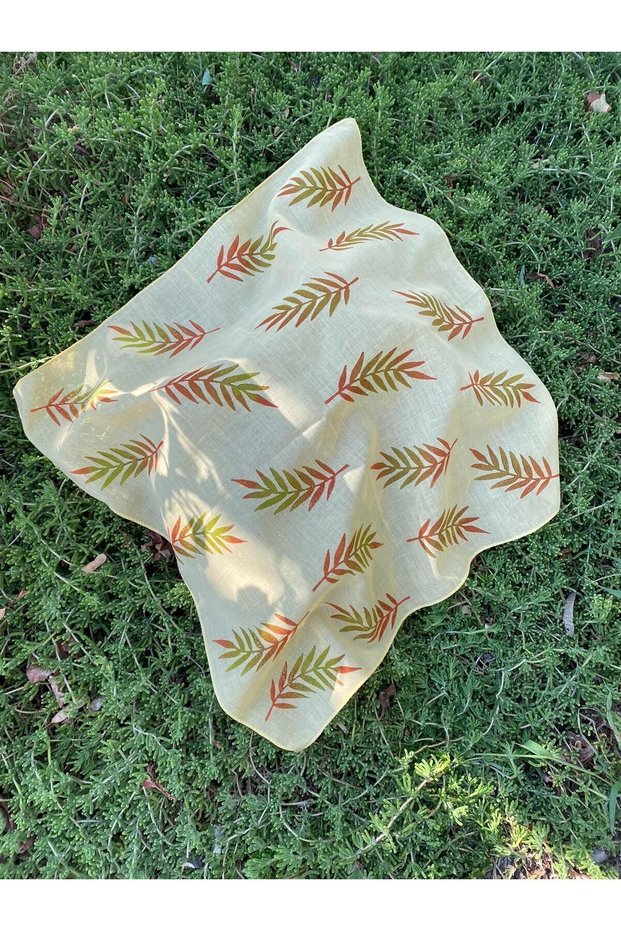 Women's Yellow Leaf Patterned Cotton Handmade Hair Bandana