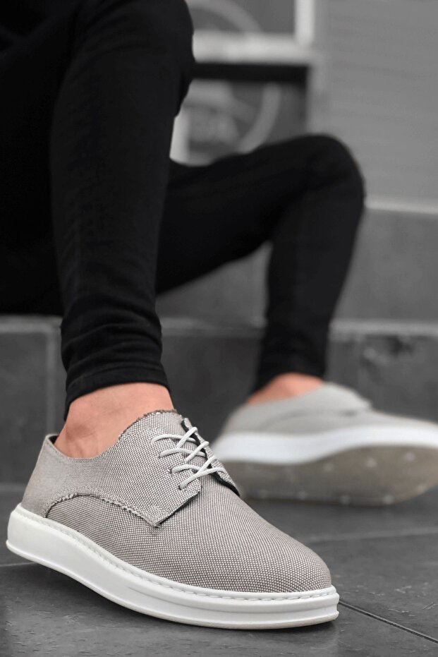 Men's Gray White Linen Lace-Up Casual Daily Shoes High Thick Sole Light Comfortable Sole Sneaker