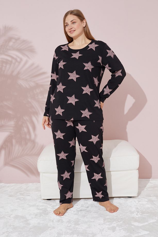 siyah pudra yıldız desenli Curve Büyük Beden Battal Boy Örme Pamuklu Pijama Takımı - 2