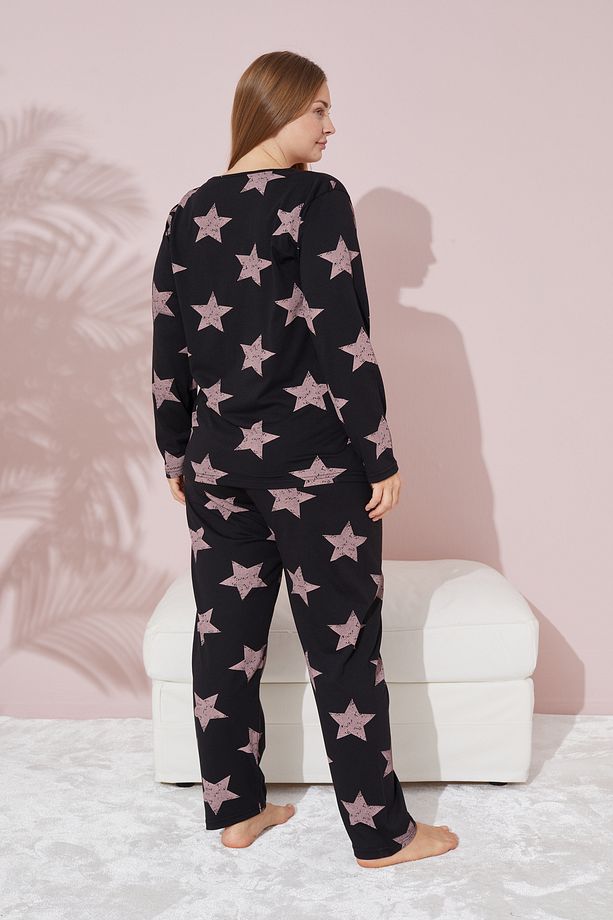 siyah pudra yıldız desenli Curve Büyük Beden Battal Boy Örme Pamuklu Pijama Takımı - 3
