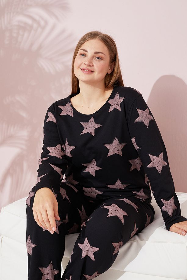 siyah pudra yıldız desenli Curve Büyük Beden Battal Boy Örme Pamuklu Pijama Takımı - 1