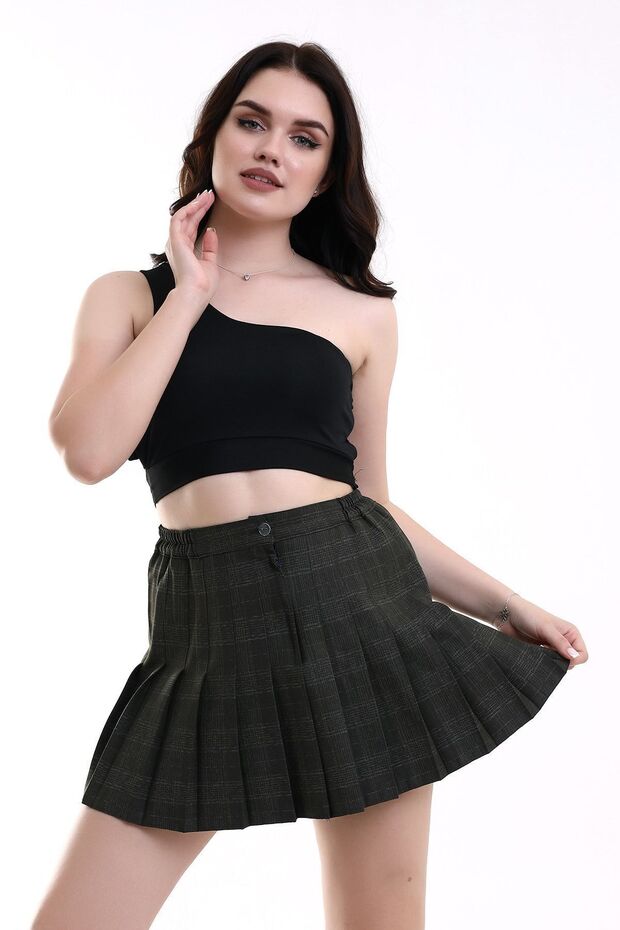 Women's Smoked Side Elastic Pleated Plaid Skirt