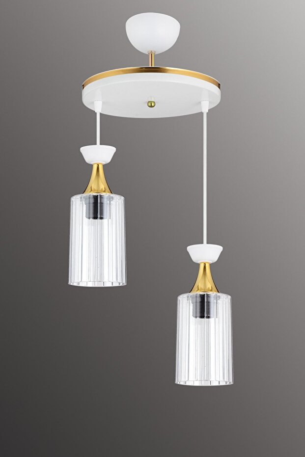 Sarkıt Tepsi Beyaz 2'li Boru Mika Şeffaf Camlı Sarı Şeritli Modern Aşağı Bakan Avize - 1