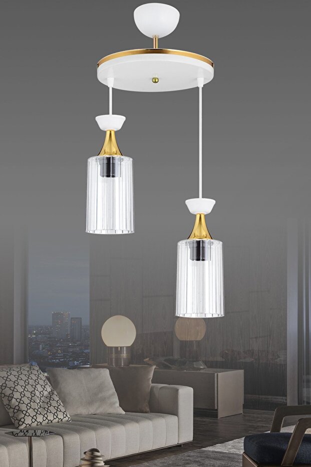 Sarkıt Tepsi Beyaz 2'li Boru Mika Şeffaf Camlı Sarı Şeritli Modern Aşağı Bakan Avize - 4