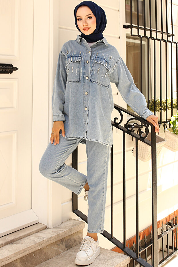 1443 Stone Detailed Denim Suit Blue