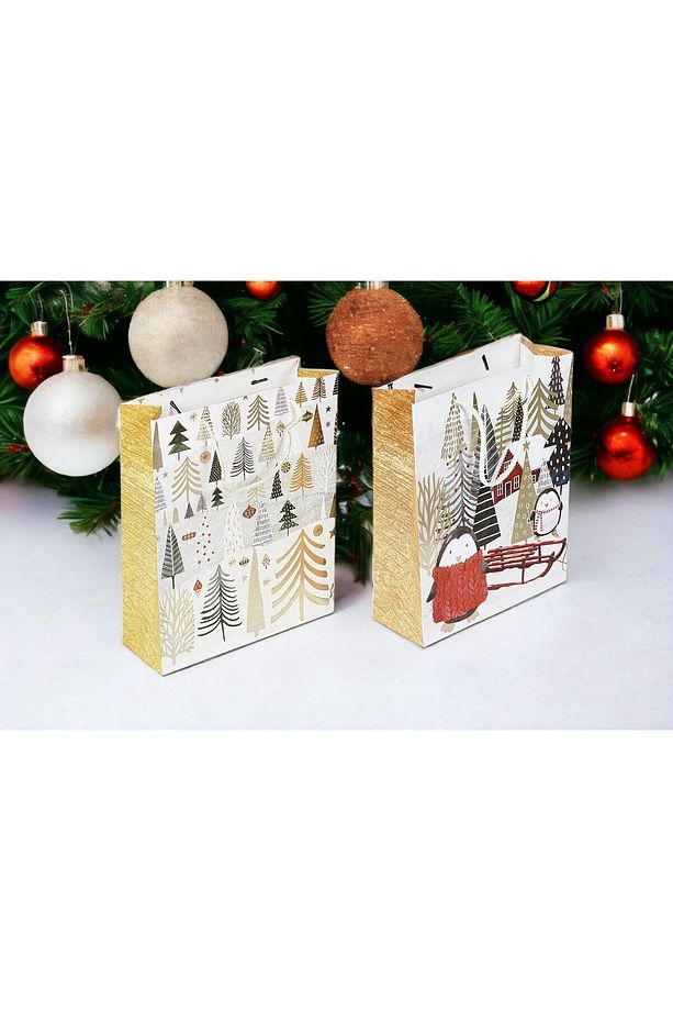 Yılbaşı Yeniyıl Karton Çanta Altın Varak Baskılı 26x32x10 Cm 2 Adet - 3