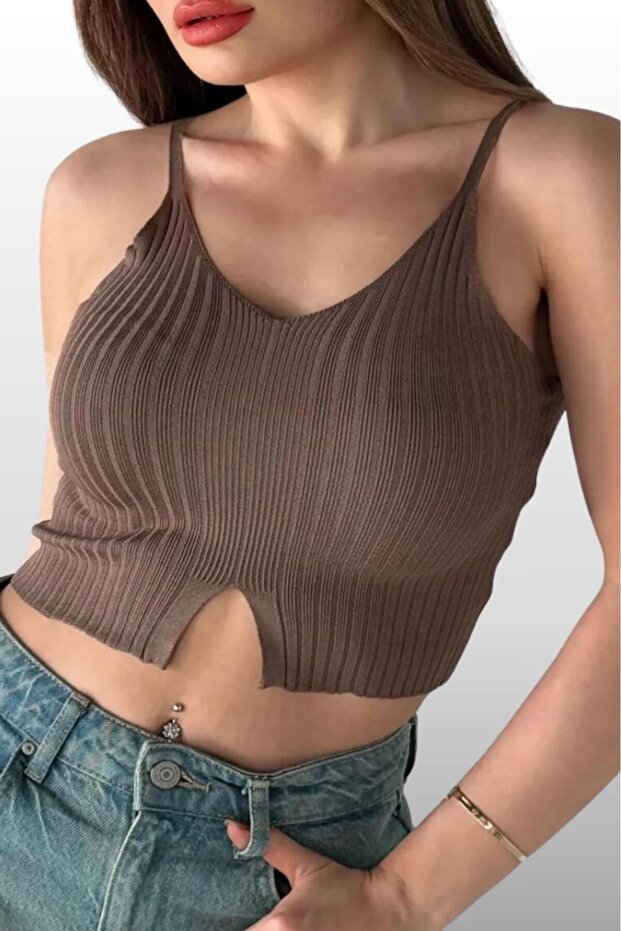 Women's Coffee Strappy Cut Out Fitted Slim Cropped