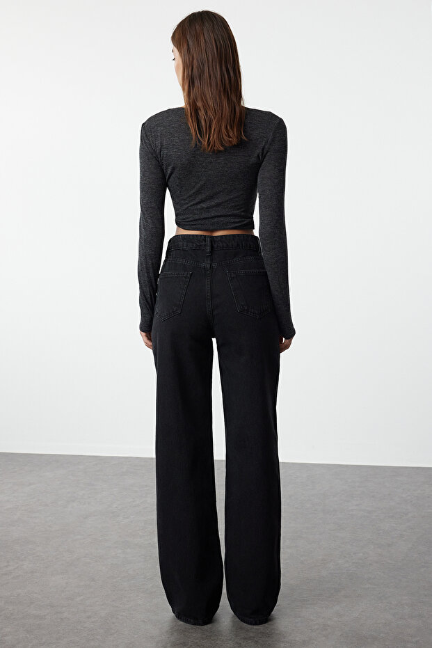بنطلون جينز أسود بخصر عالٍ وأرجل واسعة TWOAW23JE00345 - 16