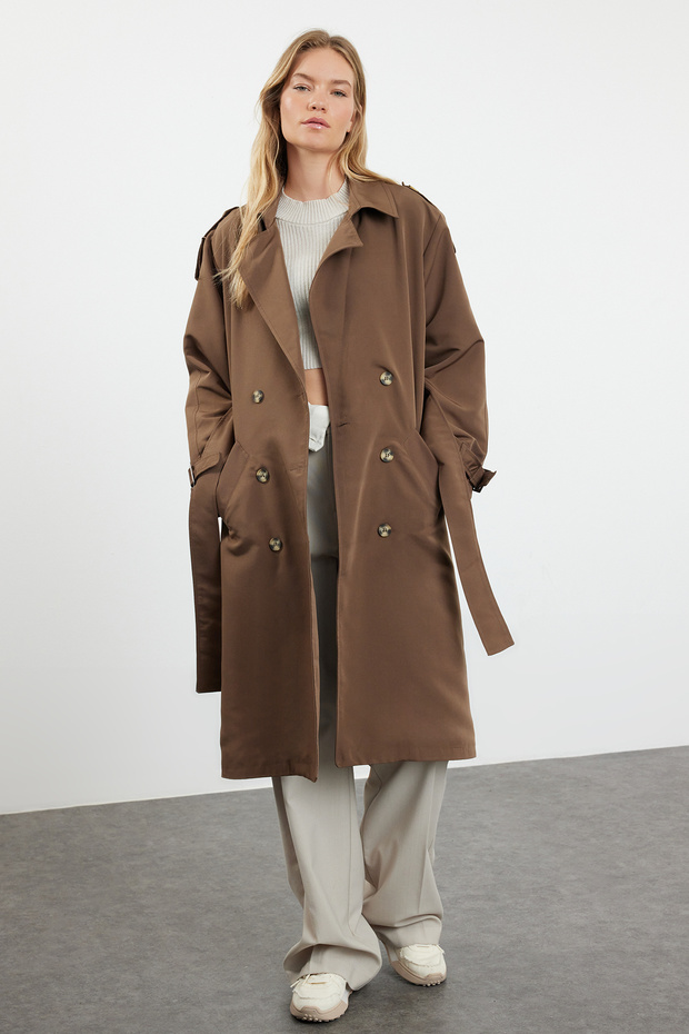 Kahverengi Oversize Kuşaklı Trençkot TWOSS21TR0005 - 1
