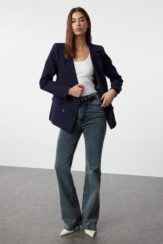 Dark Navy Regular Lined Double Breasted Woven Blazer Jacket Twoss21Ce0107