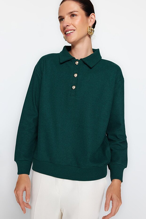 Dark Emerald Green Thessaloniki/Knitwear Look Regular Fit Buttoned Knitted Sweatshirt TWOAW24SW00143 - 2