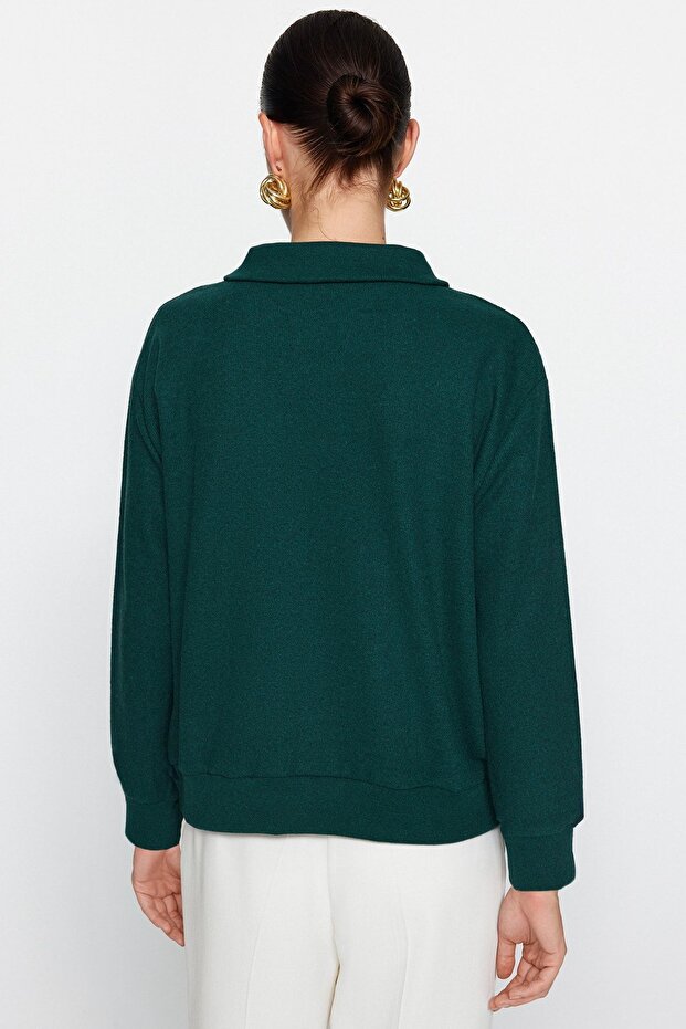 Dark Emerald Green Thessaloniki/Knitwear Look Regular Fit Buttoned Knitted Sweatshirt TWOAW24SW00143 - 5