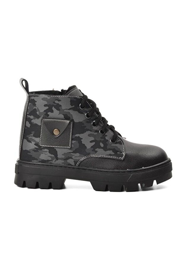 Black Gray Camouflage Children's Boots with Fur Inside and Zipper