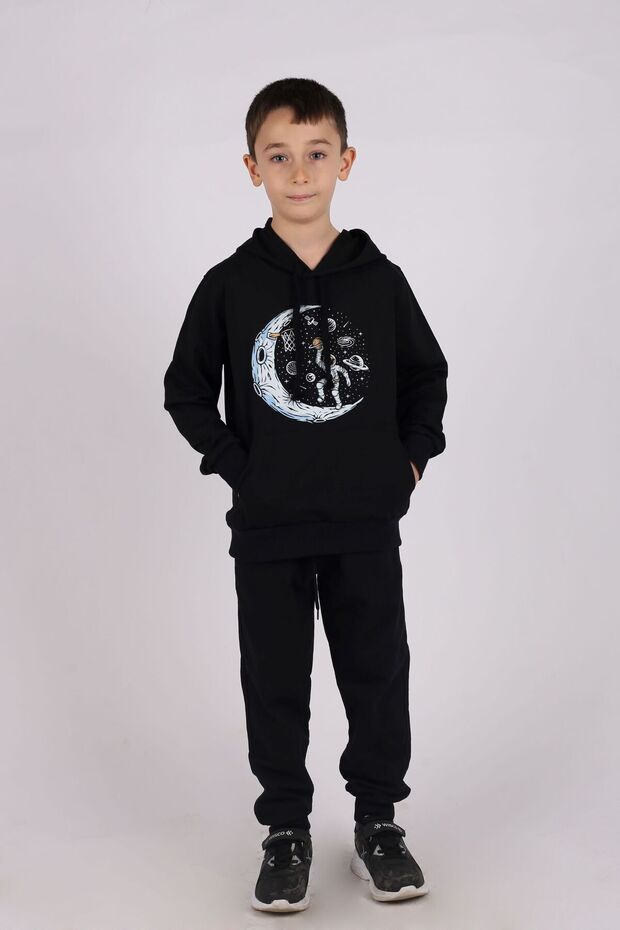 SPACE PRINT DETAILED BOY'S Tracksuit SET WITH HOODED KANGAROO POCKET