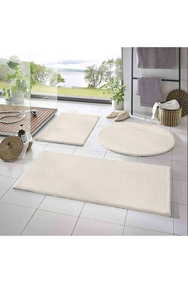 Vl Washable Non-Slip Base Post Plush Bath Mat Triple Set Ecru - 1