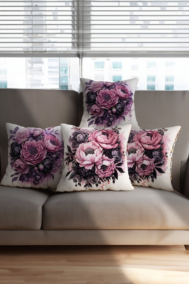 Nature-themed Floral Print cushion cover in purple and cream colors, set of four digitally Printed Cushion Cover.