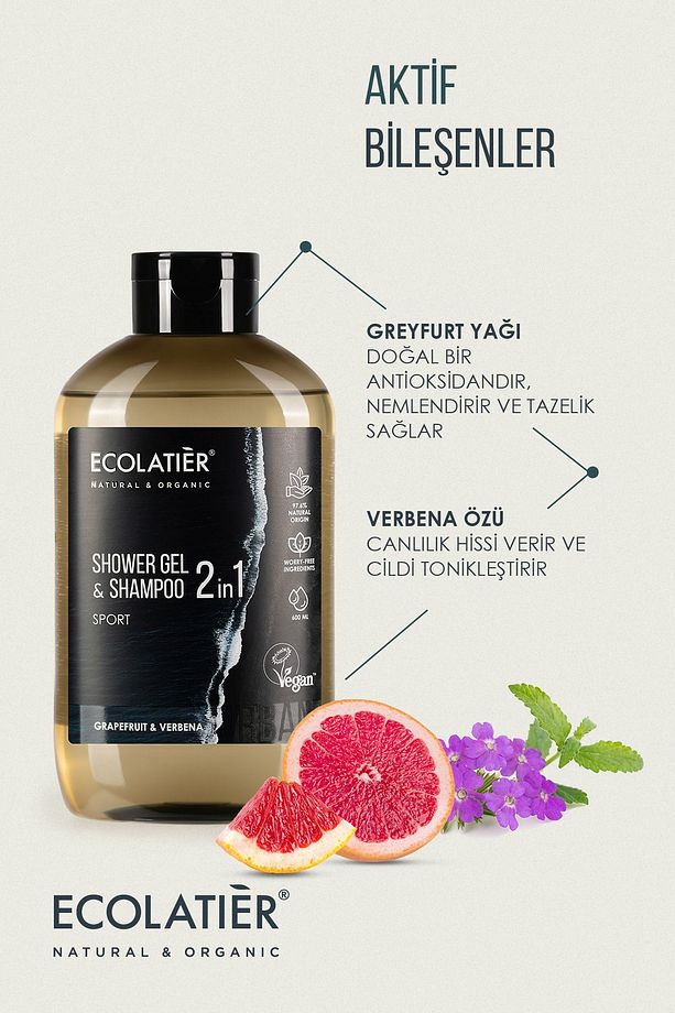 Erkek Saç Ve Vücut Şampuanı 2'si 1 Arada Spor %97,5 Doğal Erkek Şampuanı Ve Duş Jeli, 600 ml X 2 Set - 3