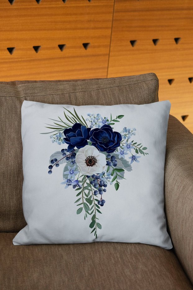 Nature Themed Floral Patterned Digital Printed Throw Pillow Cover in Blue and White Colors