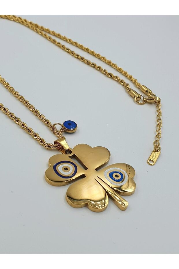 Gold Evil Eye Beaded Enamel Clover Twist Steel Necklace