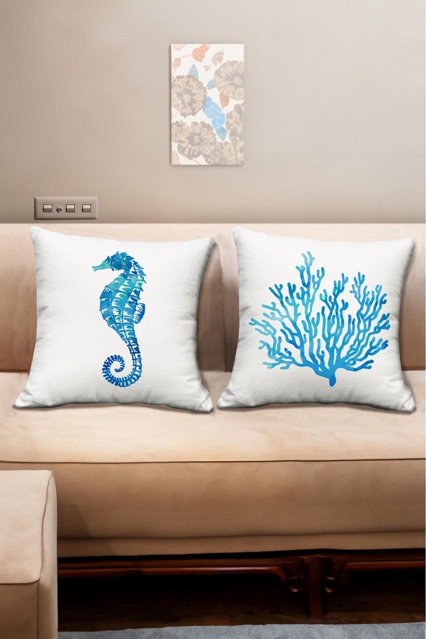 Sea Themed Moss and Sea Horse Patterned Blue Colored Digital Printed 2-Piece Throw Pillow - Pillowcase