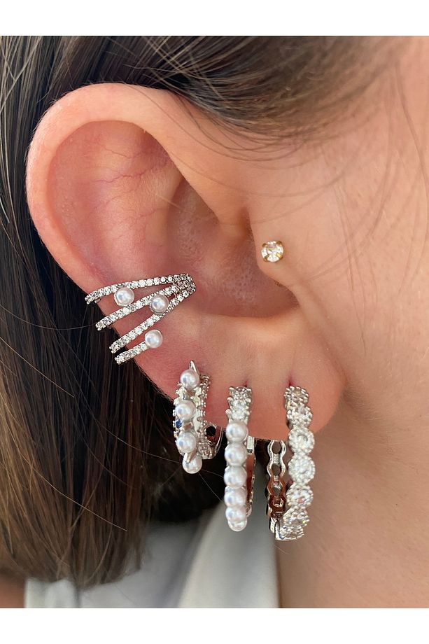 Top İncili 4 Sıra Taşlı Kadın Earcuff Kıkırdak Küpe - 3