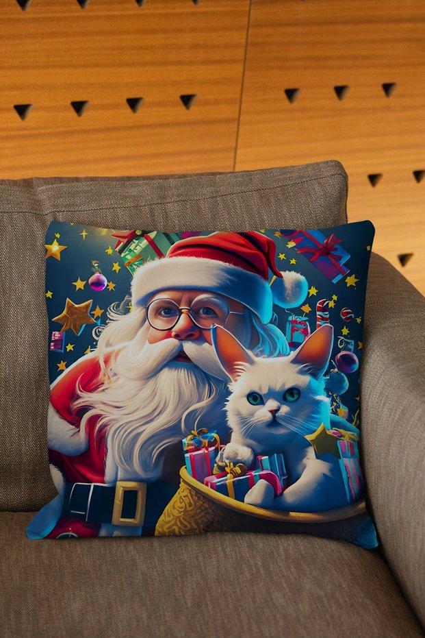 New Year's Themed Red Blue Colored Digital Printed Throw Pillow Cover with Cat and Santa Claus Figure